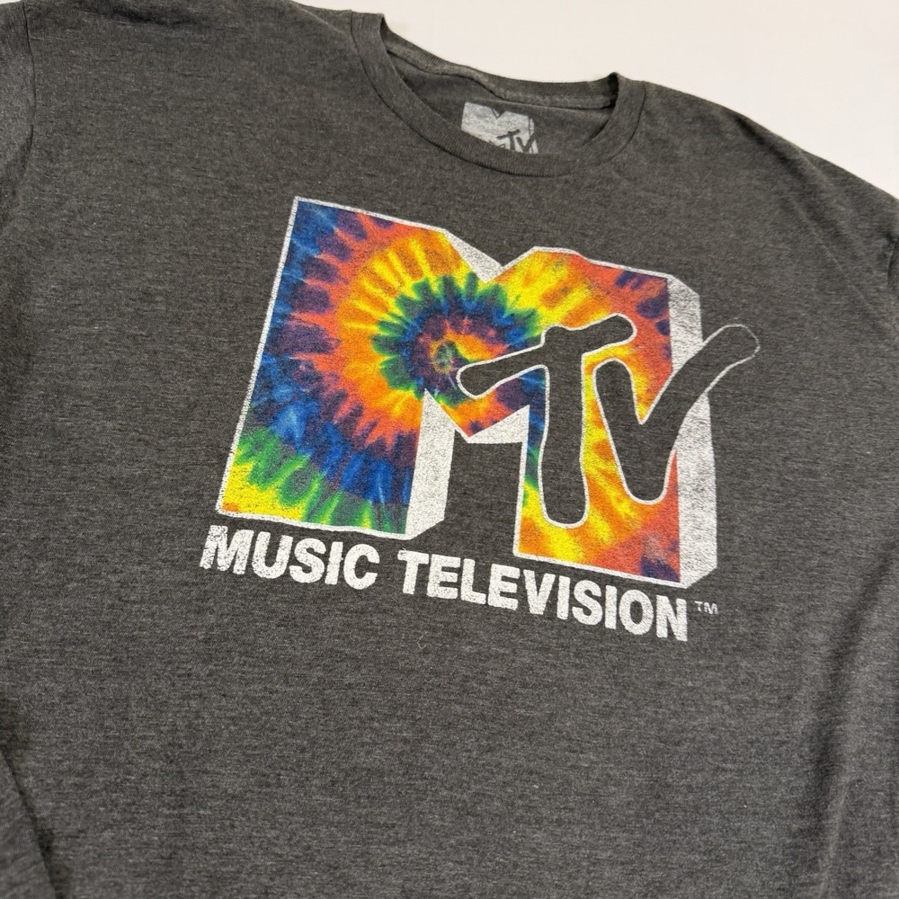 MTV Long Sleeve Dark Gray Graphic T-Shirt Tie Dye Logo Men's Size XL 80's 90's - Picture 14 of 14